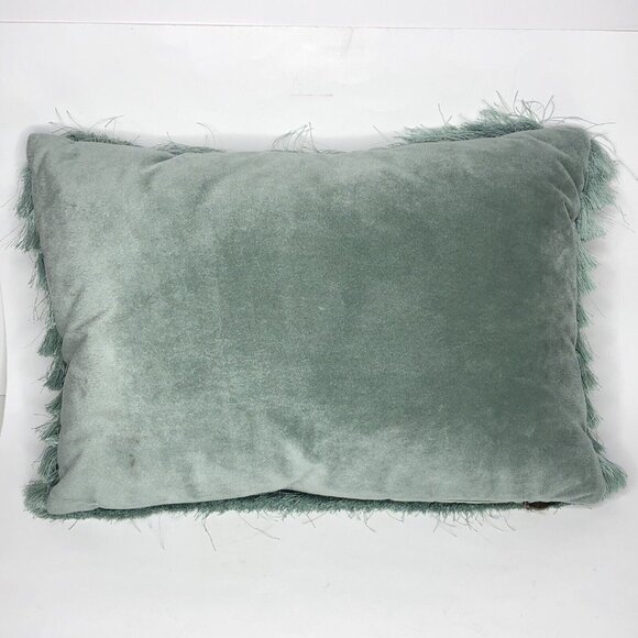 PIER 1 Throw Pillow Sage Green Iridescent 17 x 13 Ruffles Fringes Tassels Modern - Picture 3 of 6